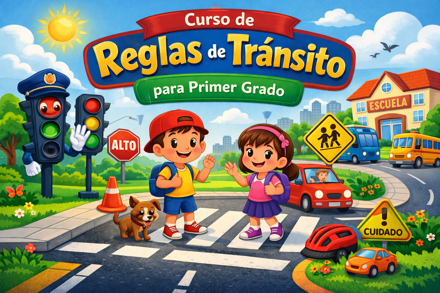 En esta imagen vemos a niños que aprenden a cruzar la calle de forma segura. Hay un semáforo, señales de tránsito y una escuela. Todos estos elementos nos enseñan a esperar, mirar y caminar con cuidado. Así aprendemos a cuidarnos y a respetar las reglas del tránsito para estar seguros  todos los días. 